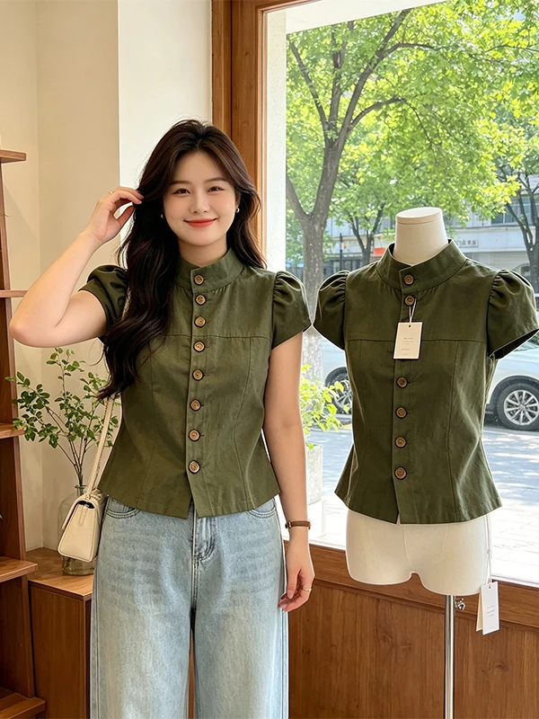 

Slimming Korean Style Unique Single Button Stand Collar Short Sleeve Shirt Women's Fashion Summer New Style Commute Wind