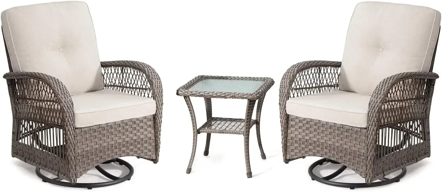 Bistro Set 3 Piece Outdoor Patio Furniture, Wicker Swivel Rocking Chair Set with Matching Coffee Table & Premium Fabric Cushion