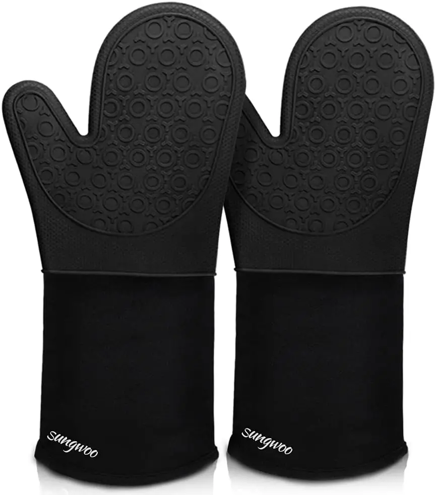 

Extra Long Silicone Oven Mitts, Heat Resistant Oven Gloves with Quilted Liner Non-Slip Textured Grip Perfect for BBQ, Baking, Cooking and Grilling - 1 Pair 14.6 Inch Black