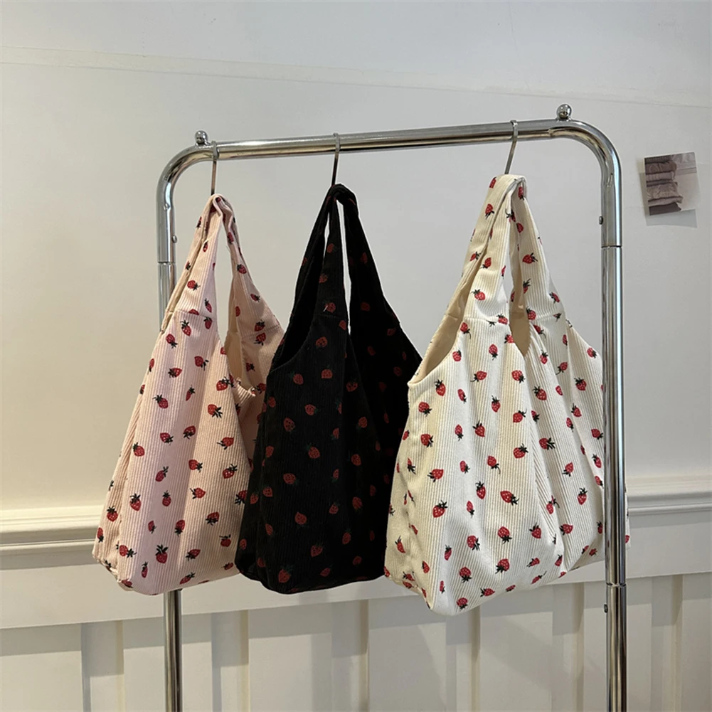 Women Strawberry Print Tote Bag Large Capacity Canvas Casual Tote Handbag Strawberry Shoulder Handbag Girls Shopper Bag