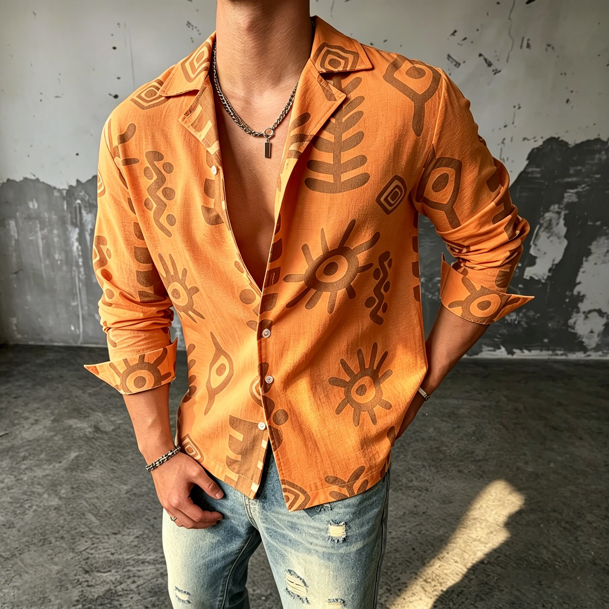 This Men's Long-Sleeved, 100% Cotton Casual Shirt Features a vintage, Bohemian-Style Print. Perfect for Social Gatherings, It Is view 3