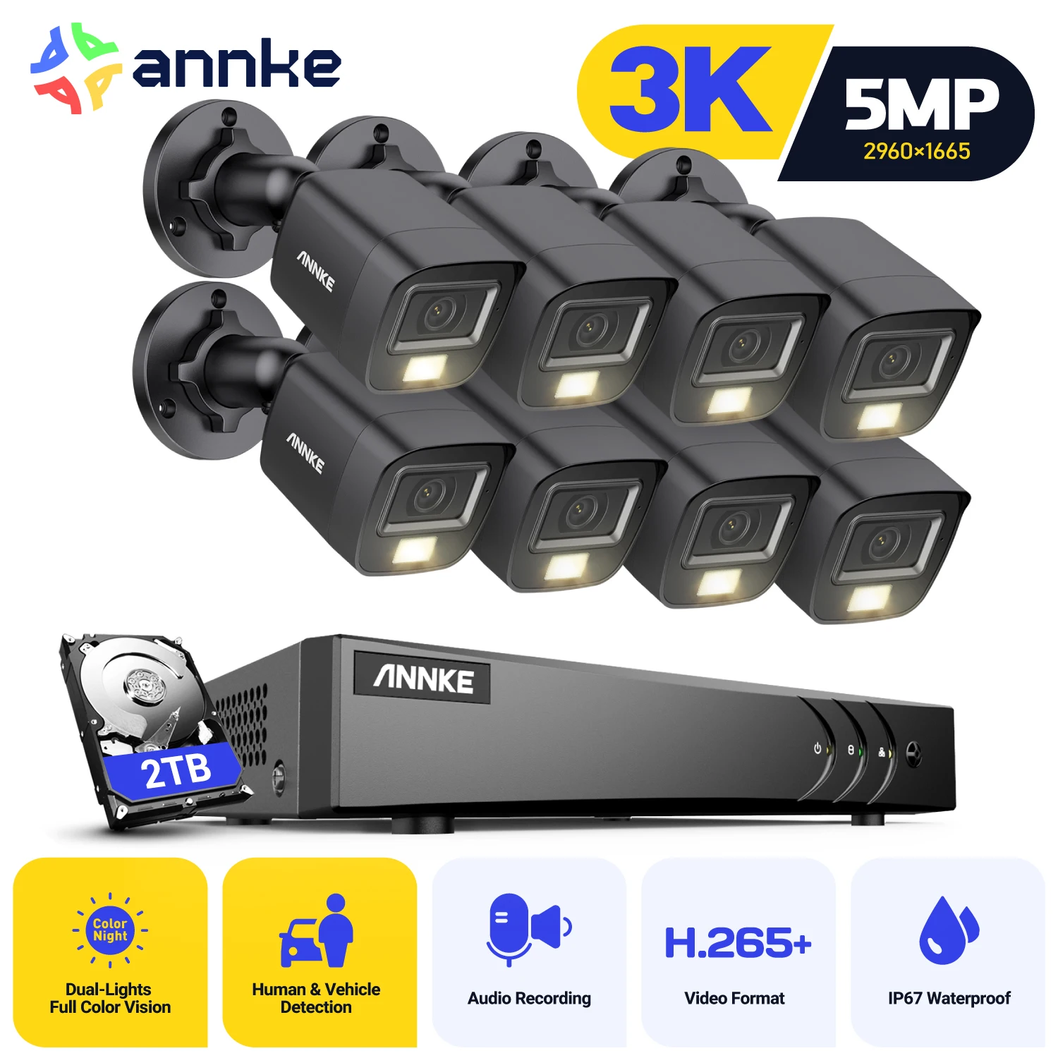 ANNKE-Système de caméra de sécurité, kit de vidéosurveillance, enregistreur DVR, moniteur à distance IP67 extérieur, 8CH Lite H.dissis, 5MP