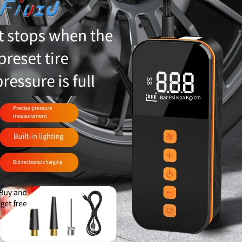 Car-mounted inflatable pump with digital display, lighting, electrically-powered multi-functional portable air pump for automobi