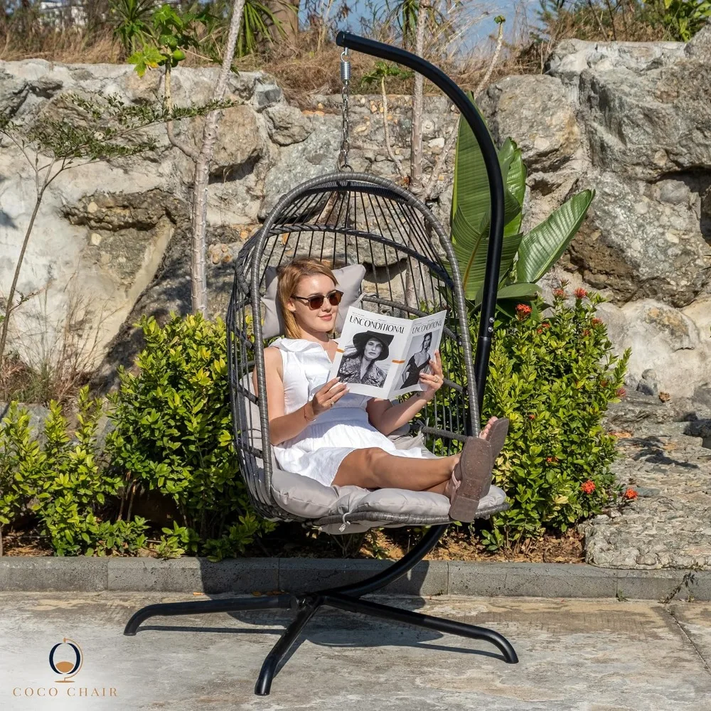 Indoor and Outdoor Hanging Egg Chair with Stand, Leg Rest, and Included Pillow in Gray | Swing Comfortably Anywhere!