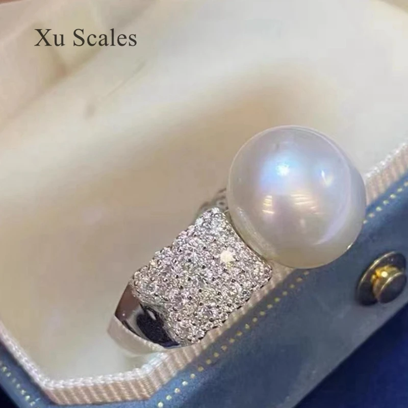 Full Diamond Zircon Surrounding Natural Fresh Water 12-13mm White Pearl Luxury Atmosphere Ring S925 Sterling Silver Jewelry Gift