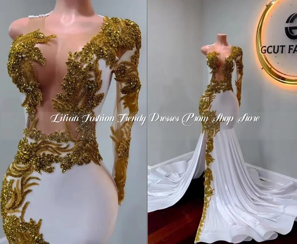 White Gold Mermaid African Prom Celebrity Dresses Sparkly Crystal Applique Sexy Slit Evening Customised vestidos 15 años charros