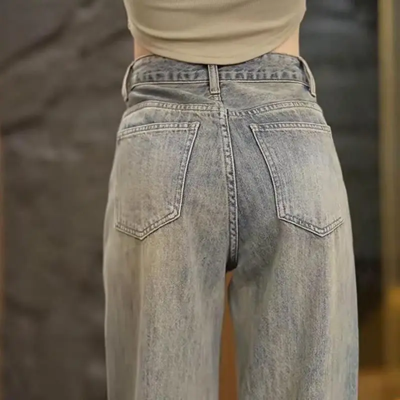 Spring Summer New Light Color Ripped Straight Jeans for Women's Heavy Industry Pattern Nail Beads Floor Wide-leg Trousers
