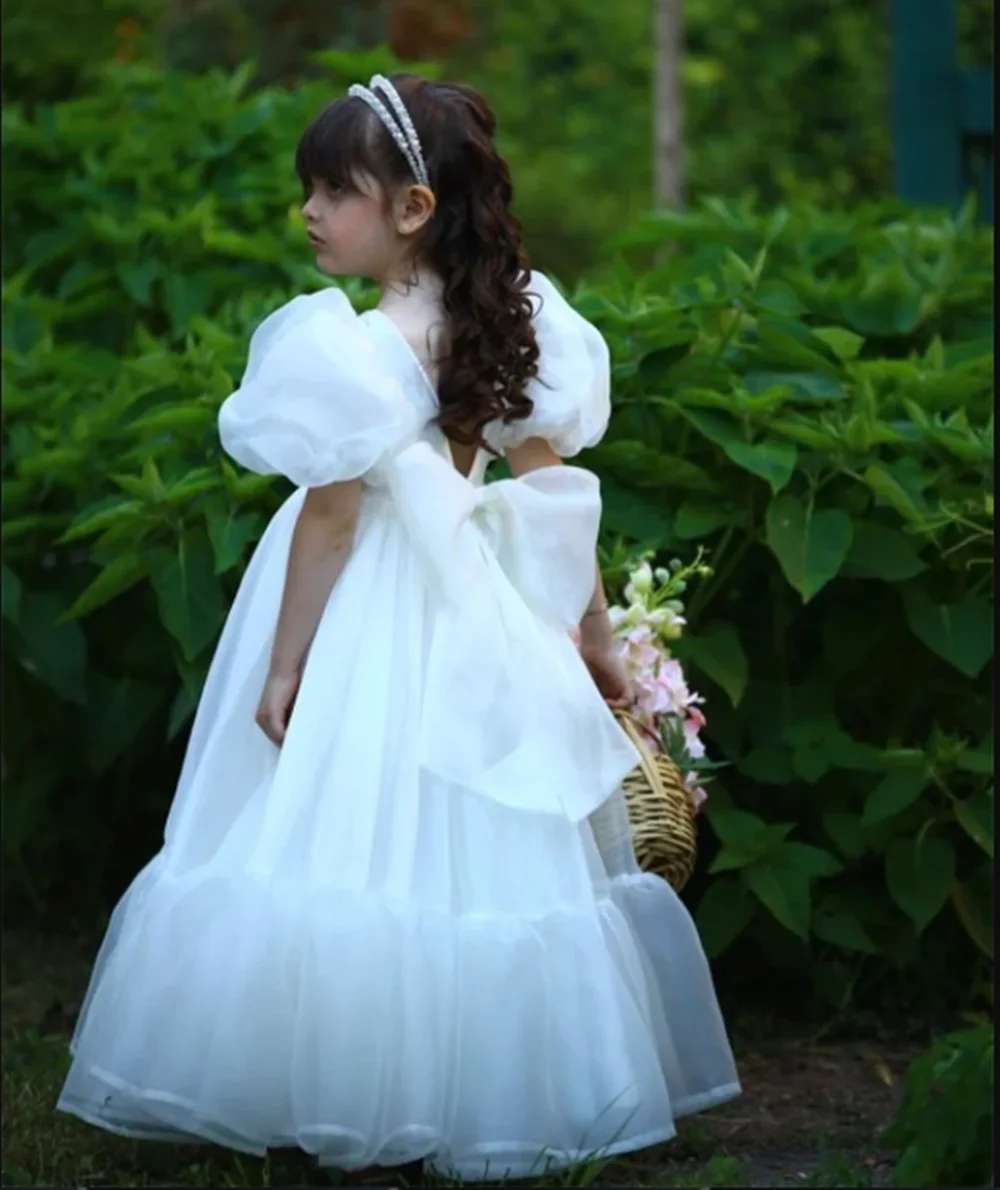 

Elegant O Neck Short Puff Sleeve A Line Pleat Flower Girl Dress Bow Floor Length Princess First Communion Dress Customized