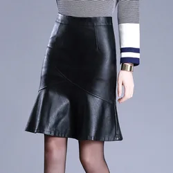 Women Black PU Leather Trumpet Skirt Autumn Winter Office Lady Elegant Chic High Waist Knee Length Bodycon Skirts
