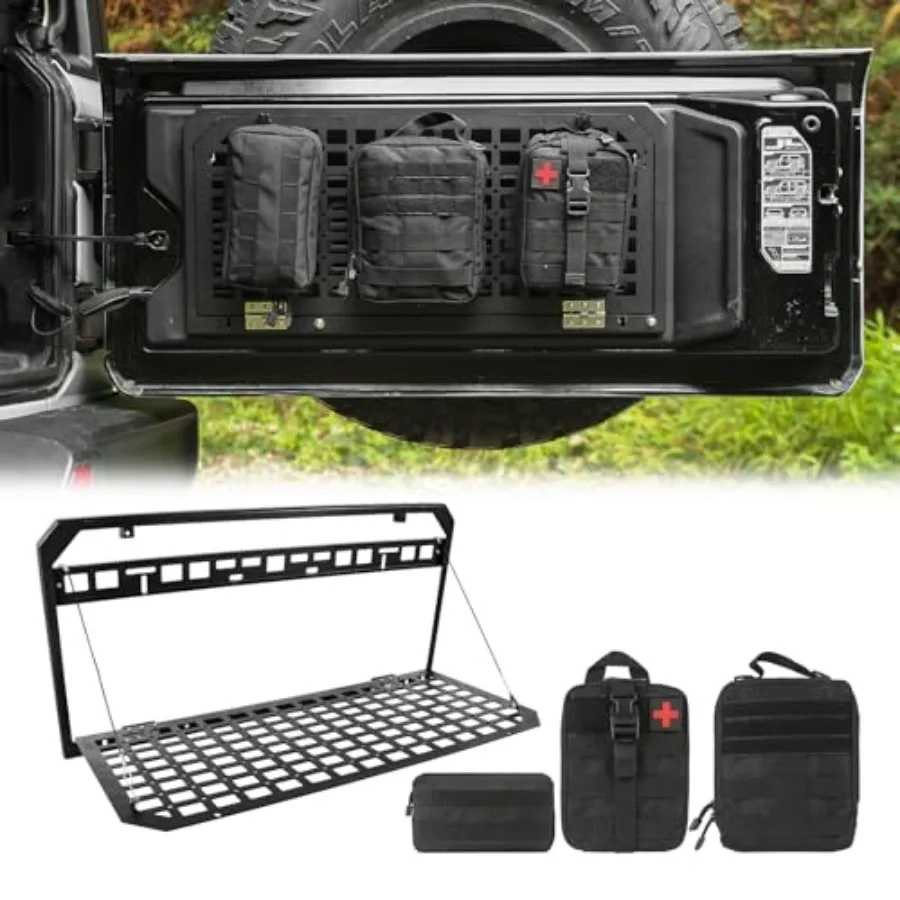 Portaoggetti posteriore pieghevole con pannello MOLLE e 3 borse portaoggetti per Jeep Wrangler JKU JL JLU 20172024 Tavolo portellone Compa