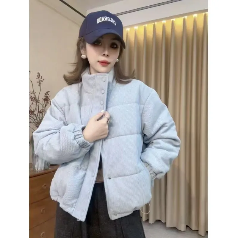 Hong Kong Style Women Winter Corduroy Puffer Jacket Short Ins Casual Warm Bread Cotton Coat
