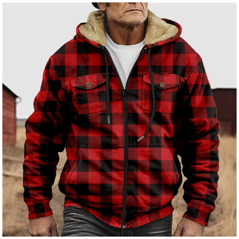 New plaid cotton jacket hooded sweater casual printed men's terry polar velvet zipper patch pocket hooded sweater a03