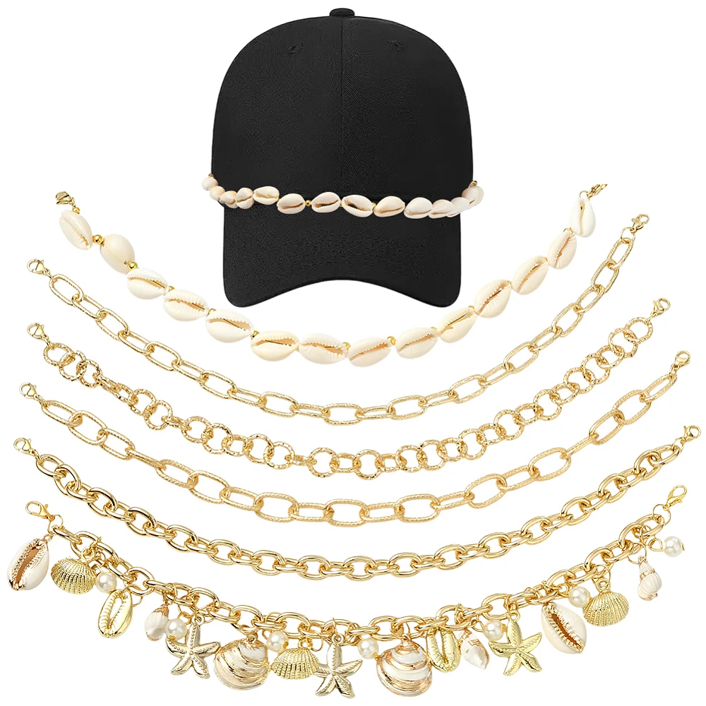 6Pcs Trucker Hat Chains Charms Summer Ocean Cowrie Shell Starfish Charm Plastic Pearl Beads Assorted Detachable Gold Hat Chain