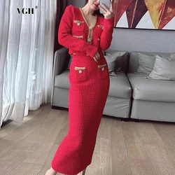 VGH Red Color Chic Two Piece Set For Women V Neck Long Sleeve Patchwork Diamond Button Jacket Slim Skirt Formal Suit Female New