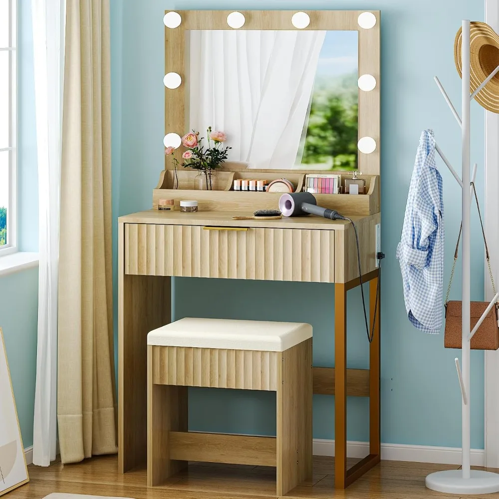 

Fluted Makeup Vanity Desk Set with Chair & Mirror & Lights & Power Outlet, Small Vanity Table W/ 1 Drawers, Customized
