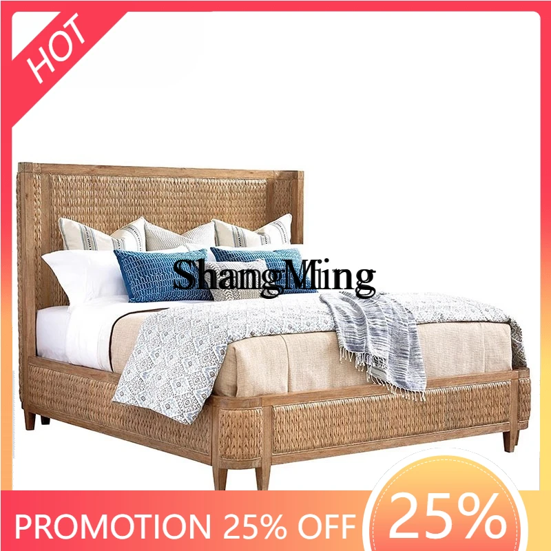 

CL natural bamboo and rattan 1.8 meters solid wood rattan bed villa bedroom high back woven double wedding bed