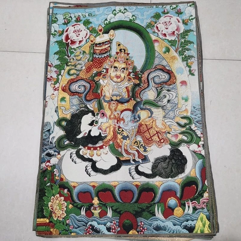 Tibet Tibetan Cloth Silk Double-flower lion god of wealth Thangka Tangka Embroidery Painting Embroidery Hanging Pictures