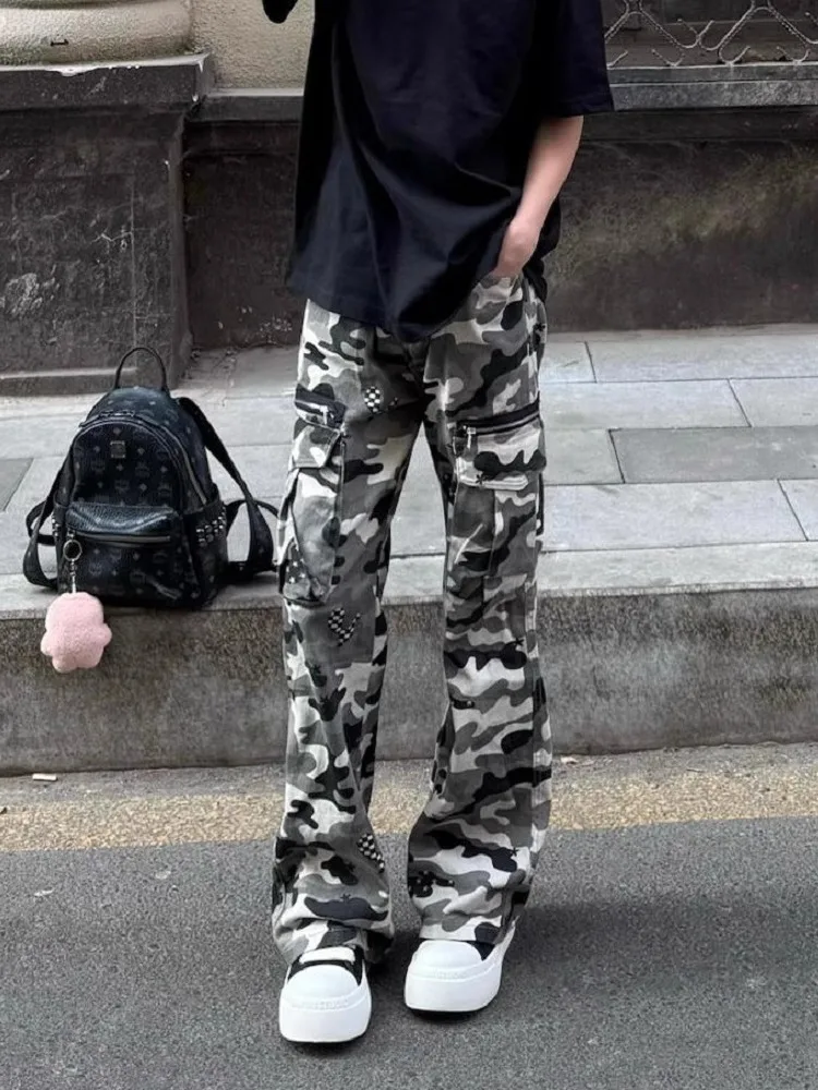 

American Retro Camouflage Work Pants Men's High Street Straight Leg Slimming Casual Trousers Multiple kets Loose Fit Jeans