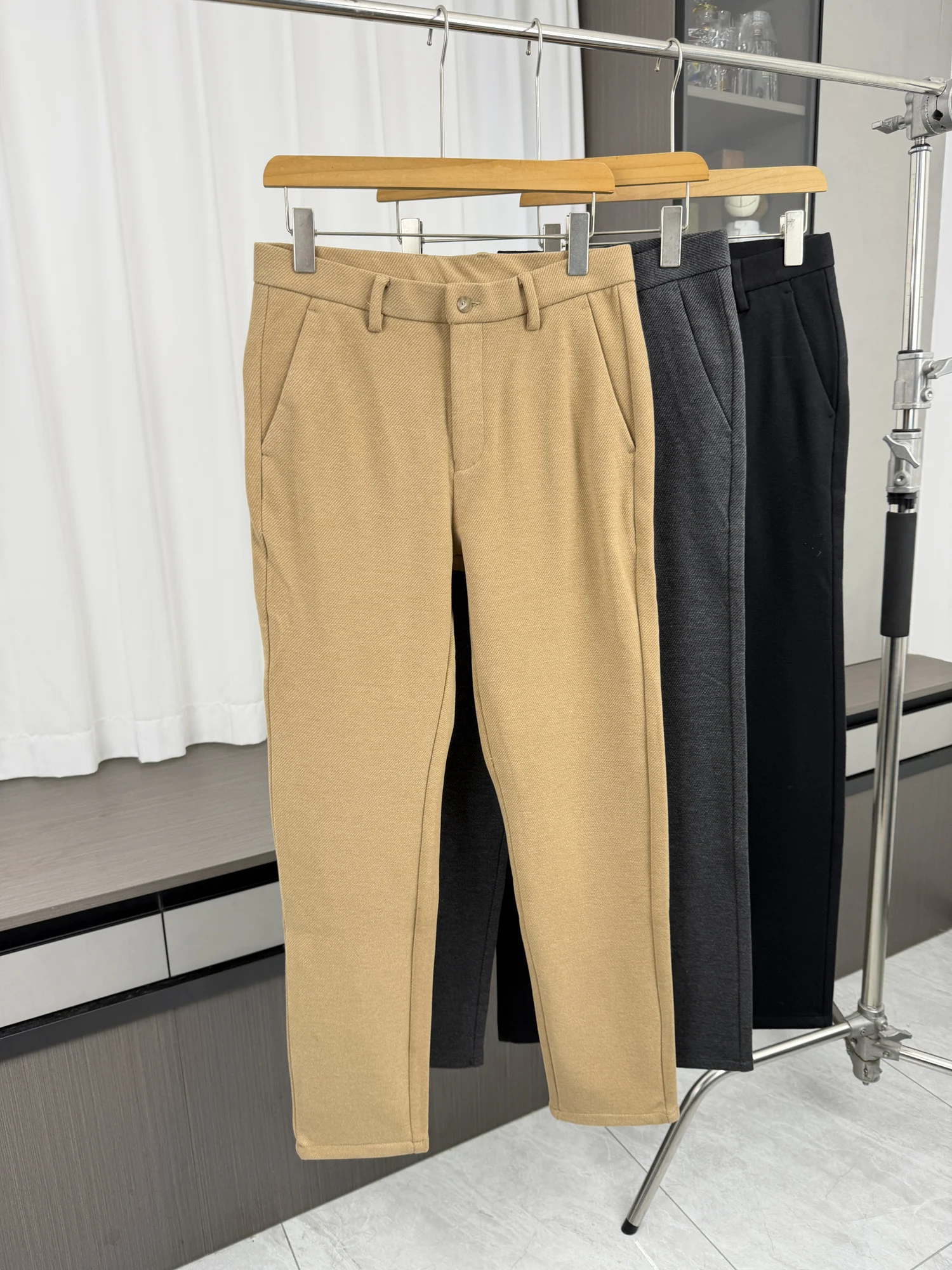 British Style Men's Wool Blend Casual Pants Autumn Winter Warm Straight Leg Pure Color Business Casual Trousers