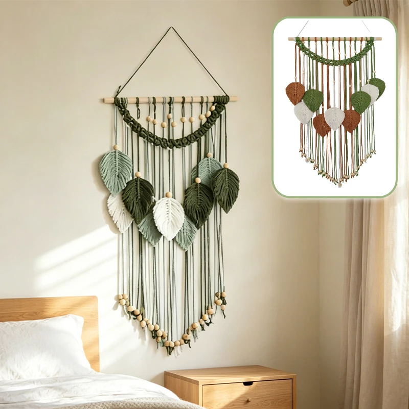 

Boho Hand Woven Leaf Macrame Wall Hanging Cotton Rope Tapestry with Wooden Beads & Fringe Tassel Perfect for Bedroom Living Room