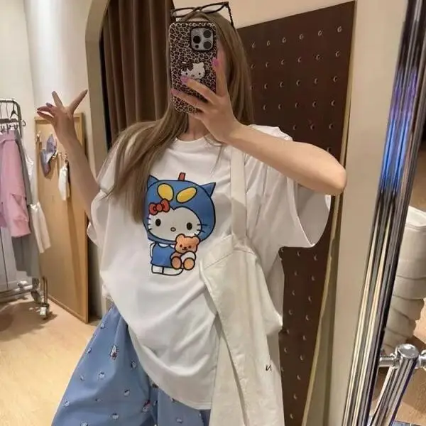 Short Sleeved Hello Kitty Printed T-Shirt Sanrio Women's Summer New Loose Design Versatile Pure Cotton Tops Fun Street Fashion