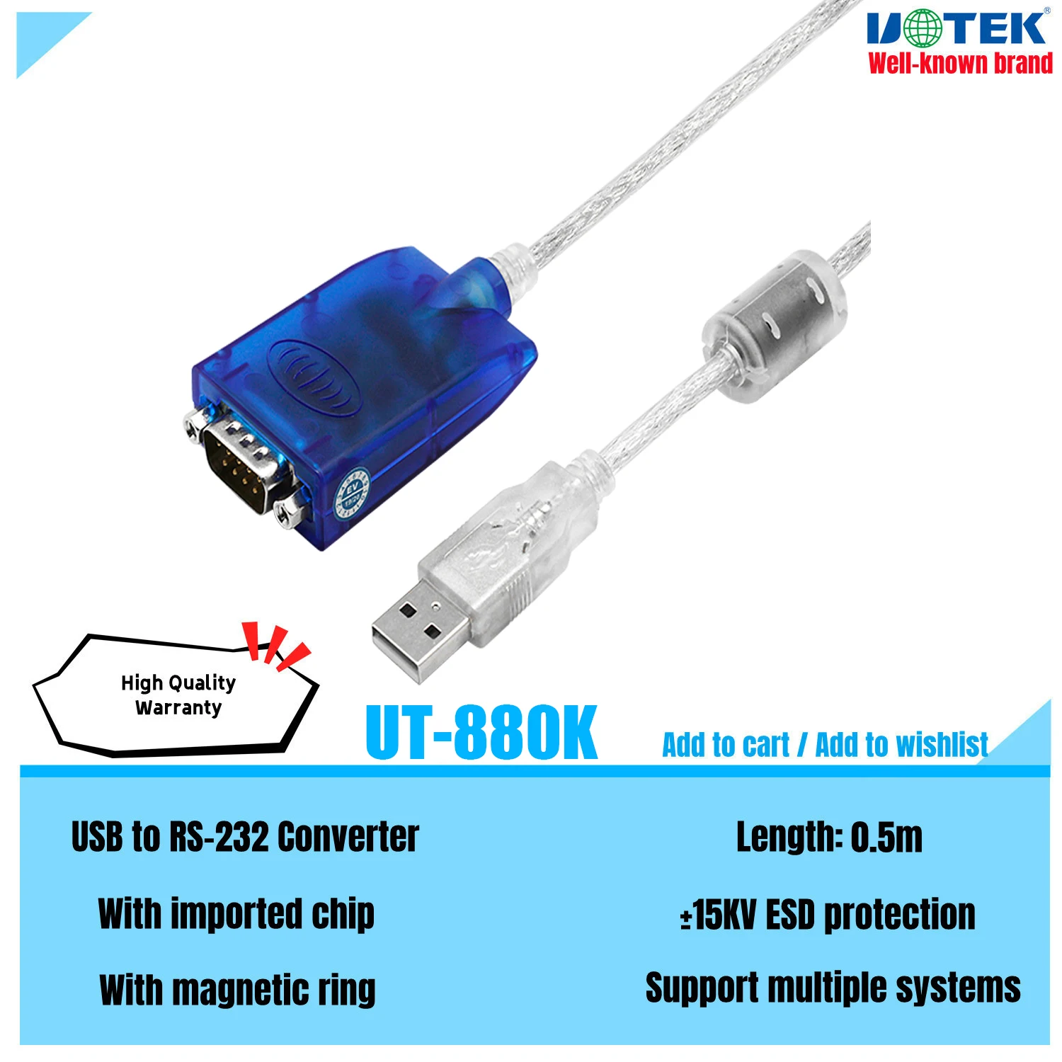 UOTEK 0.5M USB to RS-232 Converter RS232 to USB2.0 Cable Serial DB9 Adapter Line with Magnetic Ring Imported Chip ESD UT-880K