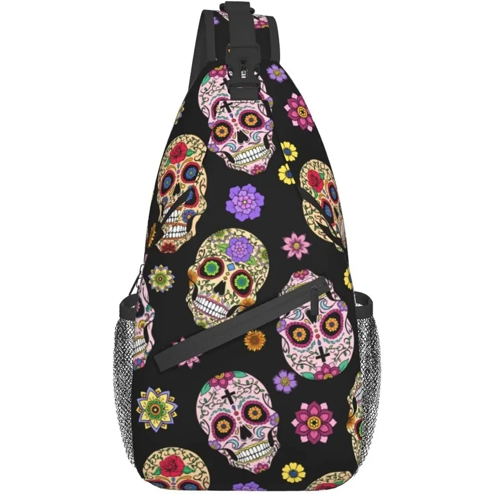 Sugar Skull Unisex Chest Bags Crossbody Sling Backpack Travel Hiking Daypack for Women Men Shoulder Bag for Casual Outdoor Sport