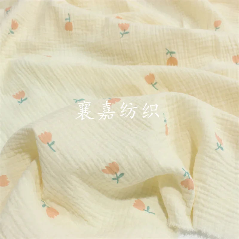 135x50cm Soft Double-Layer Cotton Crepe Lovely Yellow Pink Floral Sewing Cloth, for Home Wear Pajamas Fabric