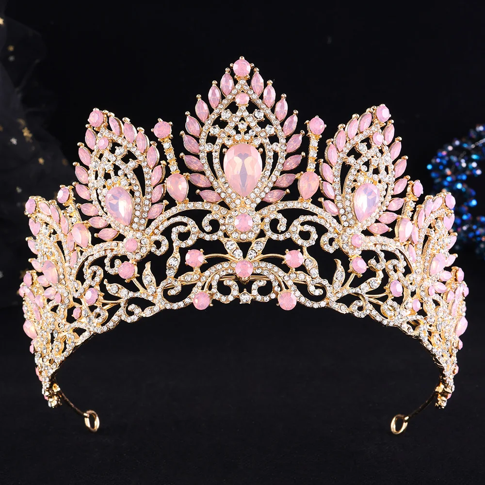

Royal Queen Gold Pink Opal Crown Big Diadem Bridal Tiaras Crowns for Women Wedding Party Headband Hair Dress Jewelry Accessories