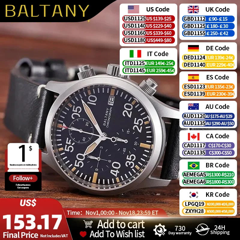 Baltany 39mm Military Chronograph Watch Man S5045 Sapphire Crystal 10ATM Stainless Steel VK67 Calendar Retro Quartz Wristwatches