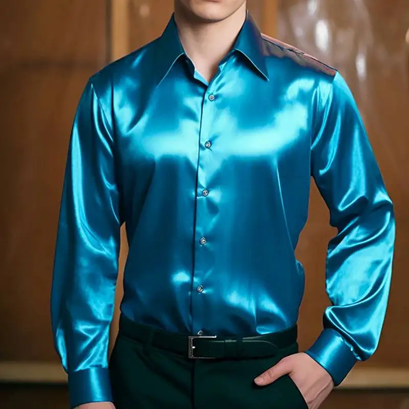

Men's Shirts Solid Long Sleeve Satin Silk Wrinkle-Free Formal Wedding Casual Party Button Down Shirt USA S-XXL