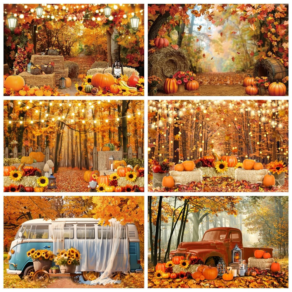 

Autumn Backdrop Fall Forest Maple Leaves Pumpkin Farm Truck Harvest Thanksgiving Party Baby Portrait Photography Background Deco