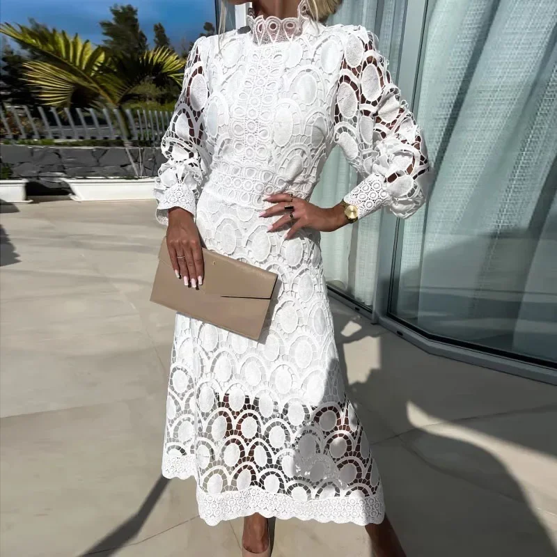 Summer British Style Skirts Elegant Stand Collar Commute Solid Color Long Sleeves Dresses Spring New French Lace Dress For Women