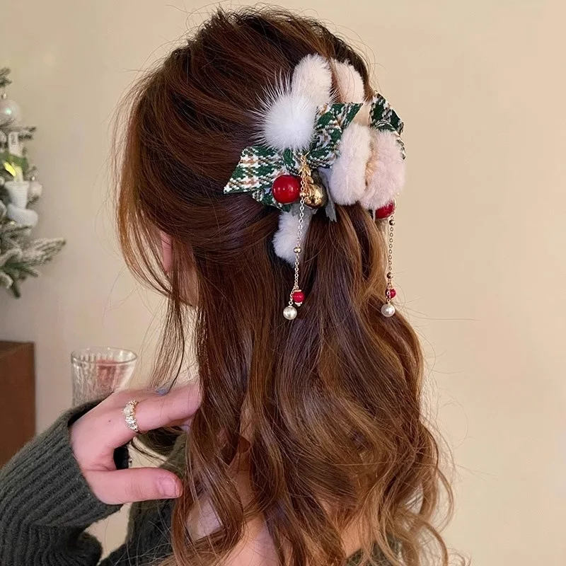 

1 Pcs Women's Hair Claw Christmas Outfit Korean Plush Bow Cute Tassel Sweet Kawaii Hair Grabs High-quality Hair Accessories