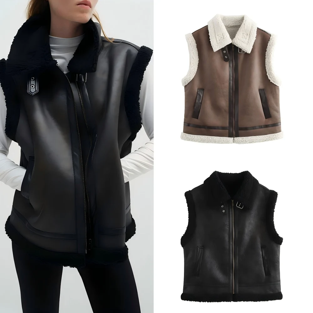 

Women's new fashion loose side pocket casual warm Fur Faux Leather vest Coat retro sleeveless zipper women's vest chic top