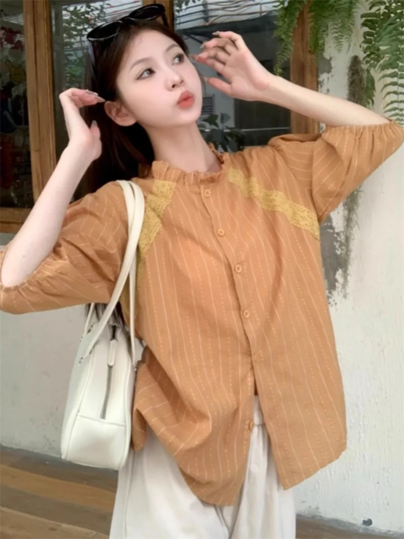 

Short Sleeve Shirts Womens Light Luxury Cotton Shirring Pintuck Cropped Modern Artistic Urban Student Youthful Fashionable Soft