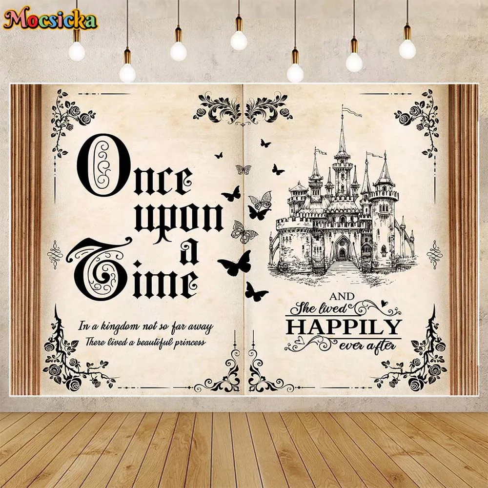 

Mocsicka Magic Book Girl Baby Shower Background Newborn Princess Welcome Party Decor Backdrop Once Upon A Time Banner Photoshoot