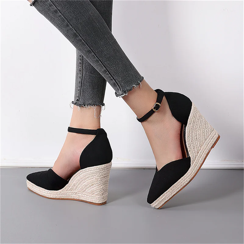 Platform Wedges Ankle Buckle Sandals Casual Heels Summer Gladiator Sapatos Mulher Sapato Feminino Pointed Toe Espadrill Shoes