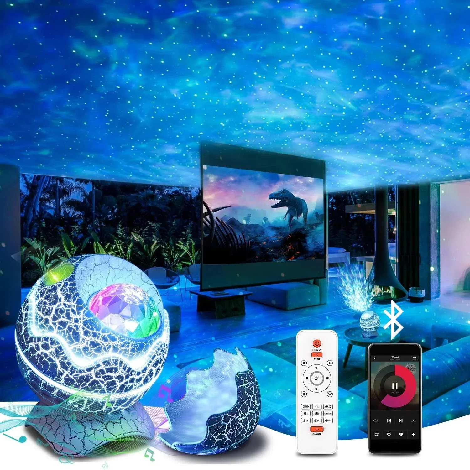 Dinosaur Egg Starry Projector Night Light Bluetooth Speaker USB Plug-in Remote Control for Room LED Ambient Light Children Gift