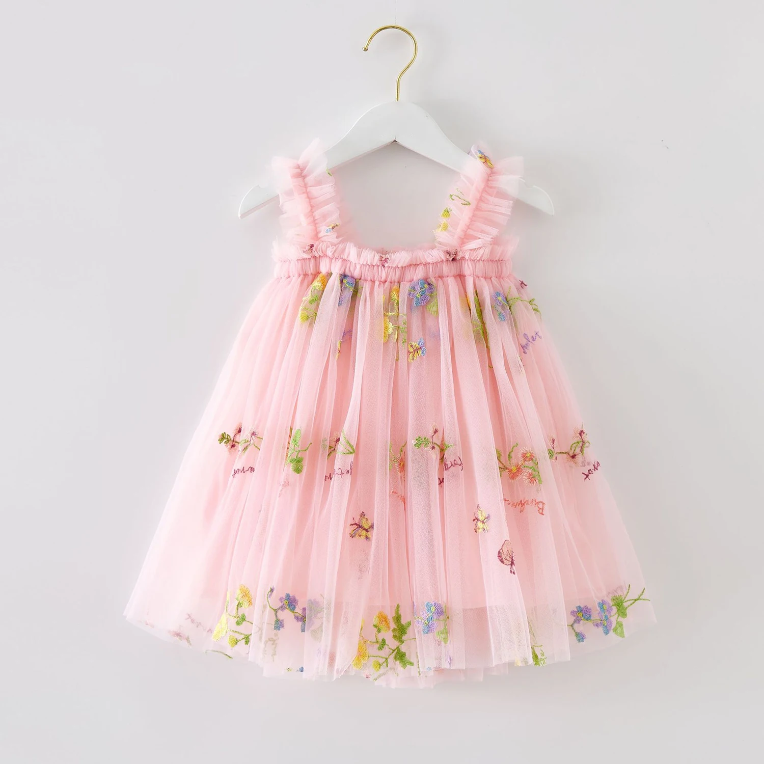 New Summer Baby Girls Dress Vintage Floral Mesh Tutu Princess Dress Birthday Party Strap Dress for 1-5Y Toddler Kids Clothes