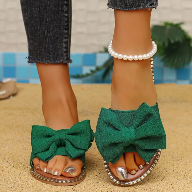 

Women's Summer Bowknot Slides Sandals Rhinestone Trim Open Toe Flat Slippers Fashion Casual Outdoor Shoes Multiple Colors