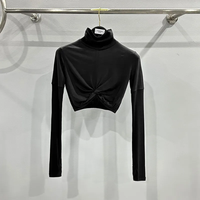 HKSH Primavera Autunno Nuove Donne T-Shirt Corta Manica Lunga Dolcevita Tinta Unita Pieghettato Slim Fit Sexy Basic Tees Chic Top HK13332