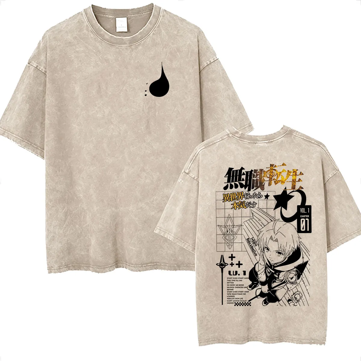Anime Mushoku Tensei Jobless Reincarnation Vintage Washed T Shirt Manga Rudeus Greyrat Isekai Print Unisex Short Sleeve T-shirts
