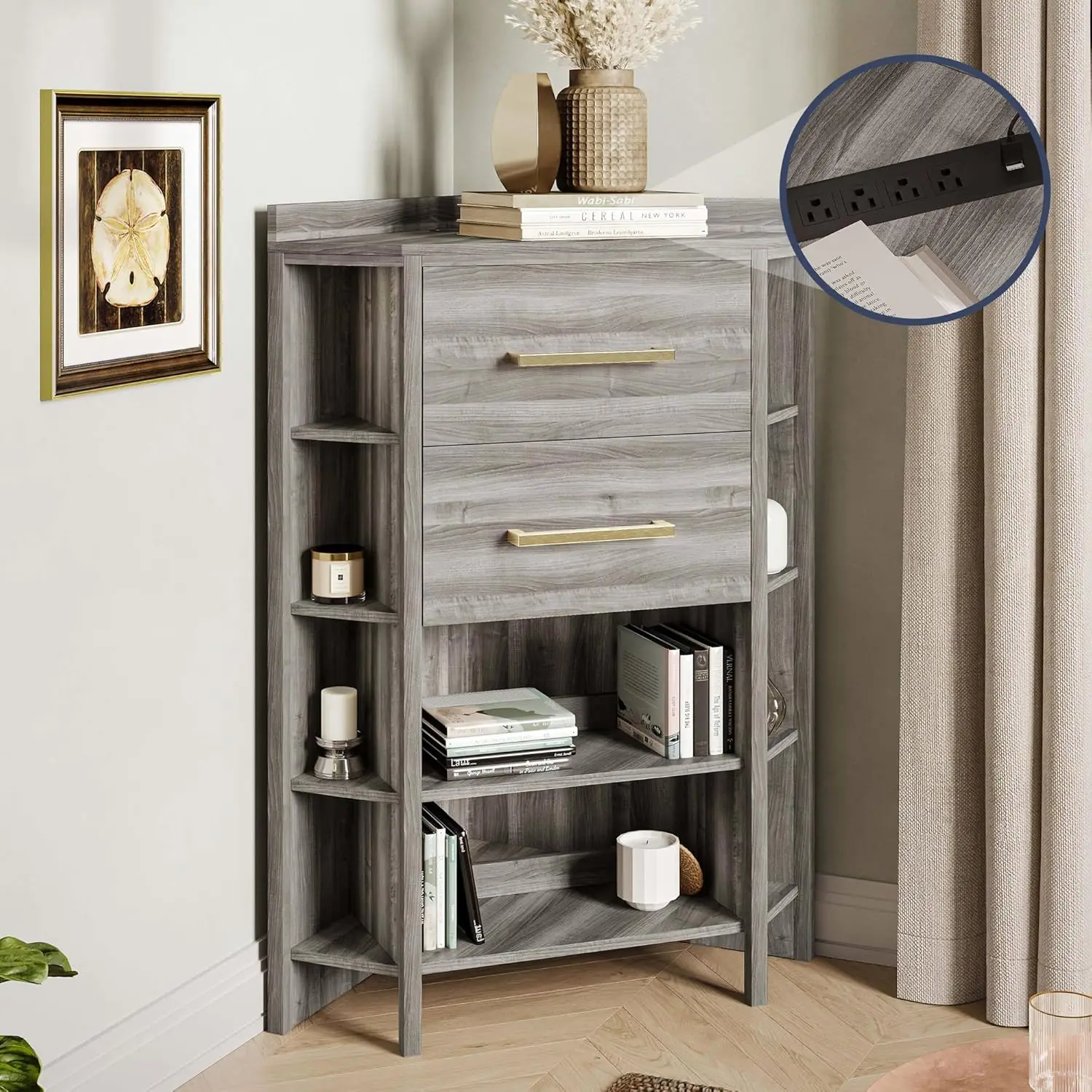 Corner Cabinet with Ultra-Fast USB Type A/C Outlet, Corner Table with 2 Storage Drawers and 10 Shelves