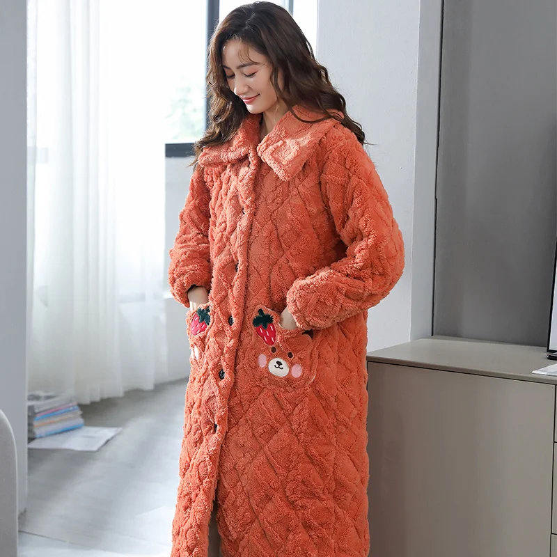 High Quality Robe Thick Warm Women Flannel Robe Winter Nightgowns Comfortable Soft 3 Layer Cotton Bathrobe