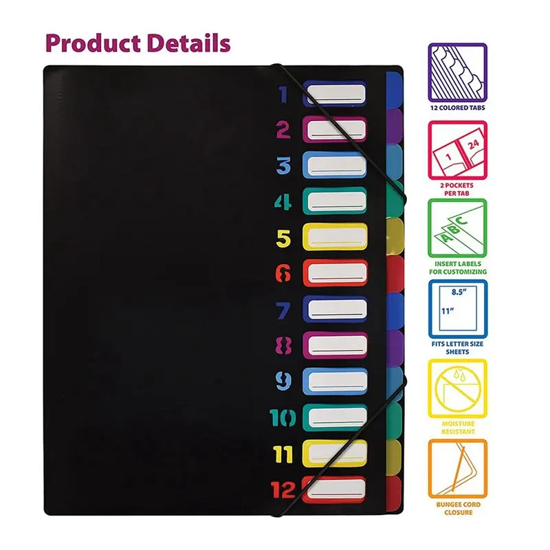 24 Clear Pocket Expanding File Folder 12 Colored Tabs,Holds 300 Sheets, File Organizer,Numbered Index On Cover 2PC-B51B