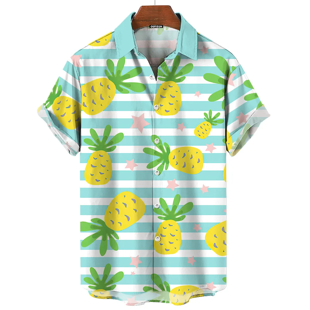 Camisas hawaianas con estampado gráfico de piña para hombre, Tops de manga corta de gran tamaño, estilo de sol brillante, solapa, Verano