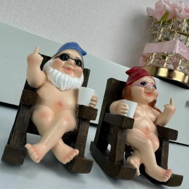 Bearded Dwarf Lounge Chair Sculpture Set Gnome Couple Relaxing Figurine Creative Resin Garden Art for Patio Porch Fairy