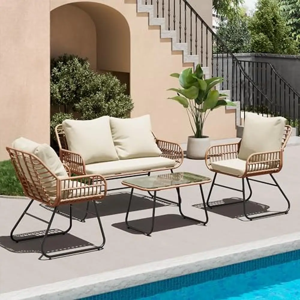 Outdoor Rattan Furniture Set 4-Piece Conversation Loveseat Chairs and Table Set