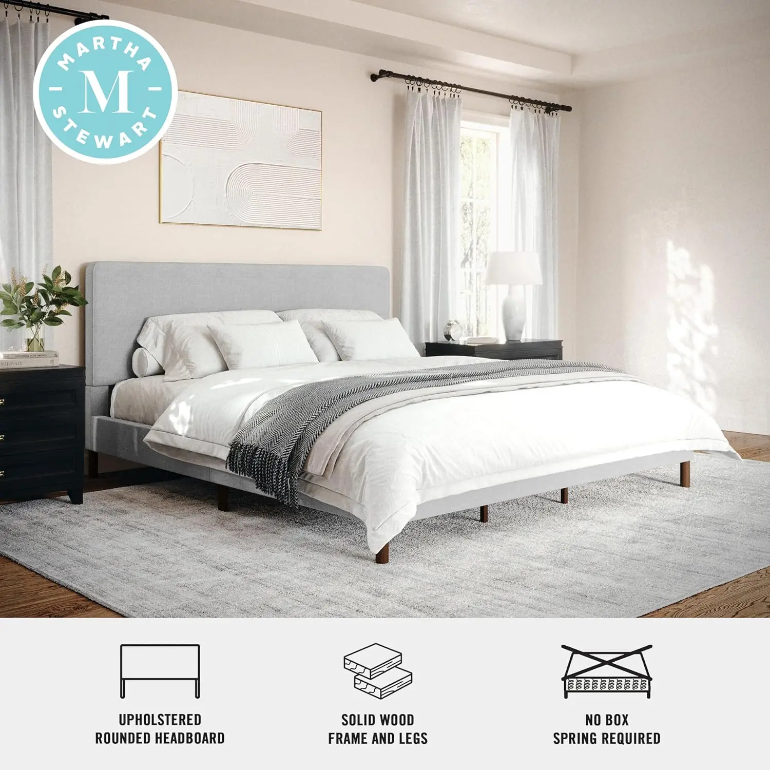 Britta Platform Bed with Headboard  Footboard, Faux Linen Upholstery with Piping Detail, Rounded Headboard, No Box Spring Needed